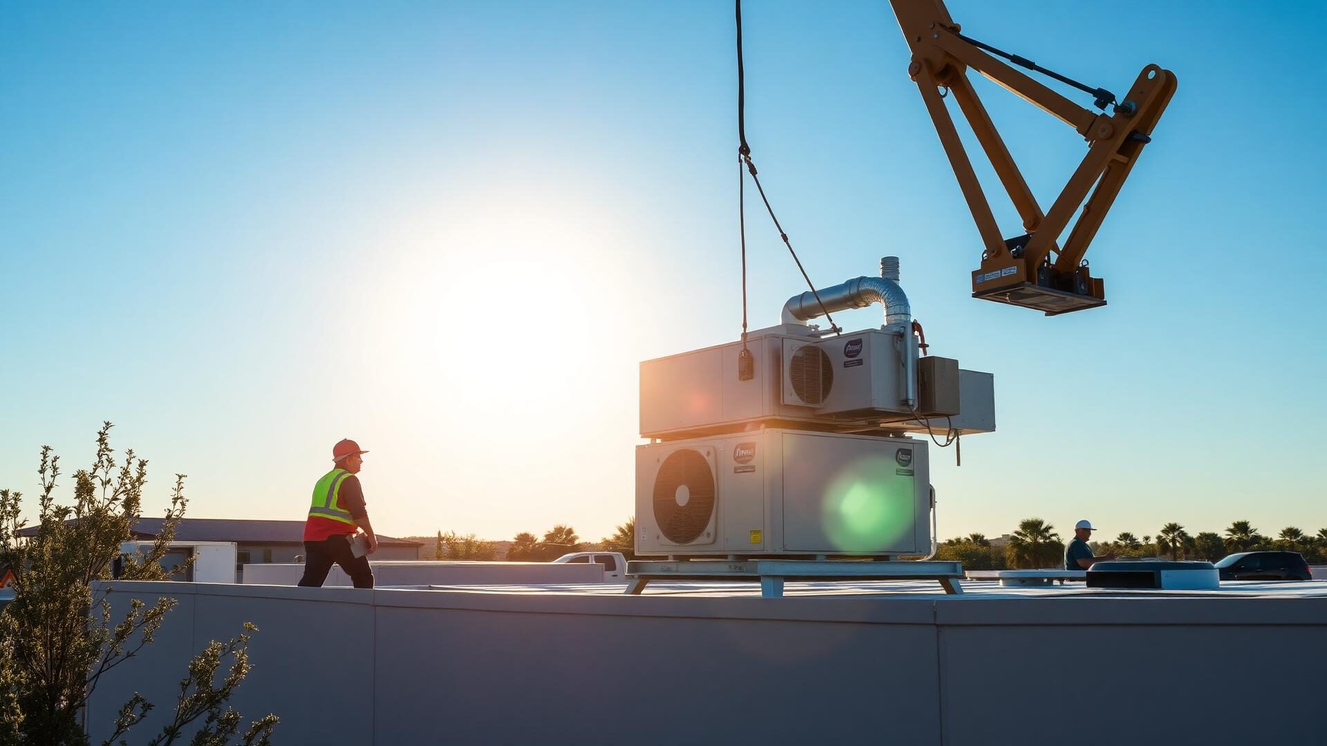Crane lifting a new light commercial rooftop HVAC unit (RTU) onto the flat roof of a Central Valley California commercial building during professional installation by HVAC Penguin