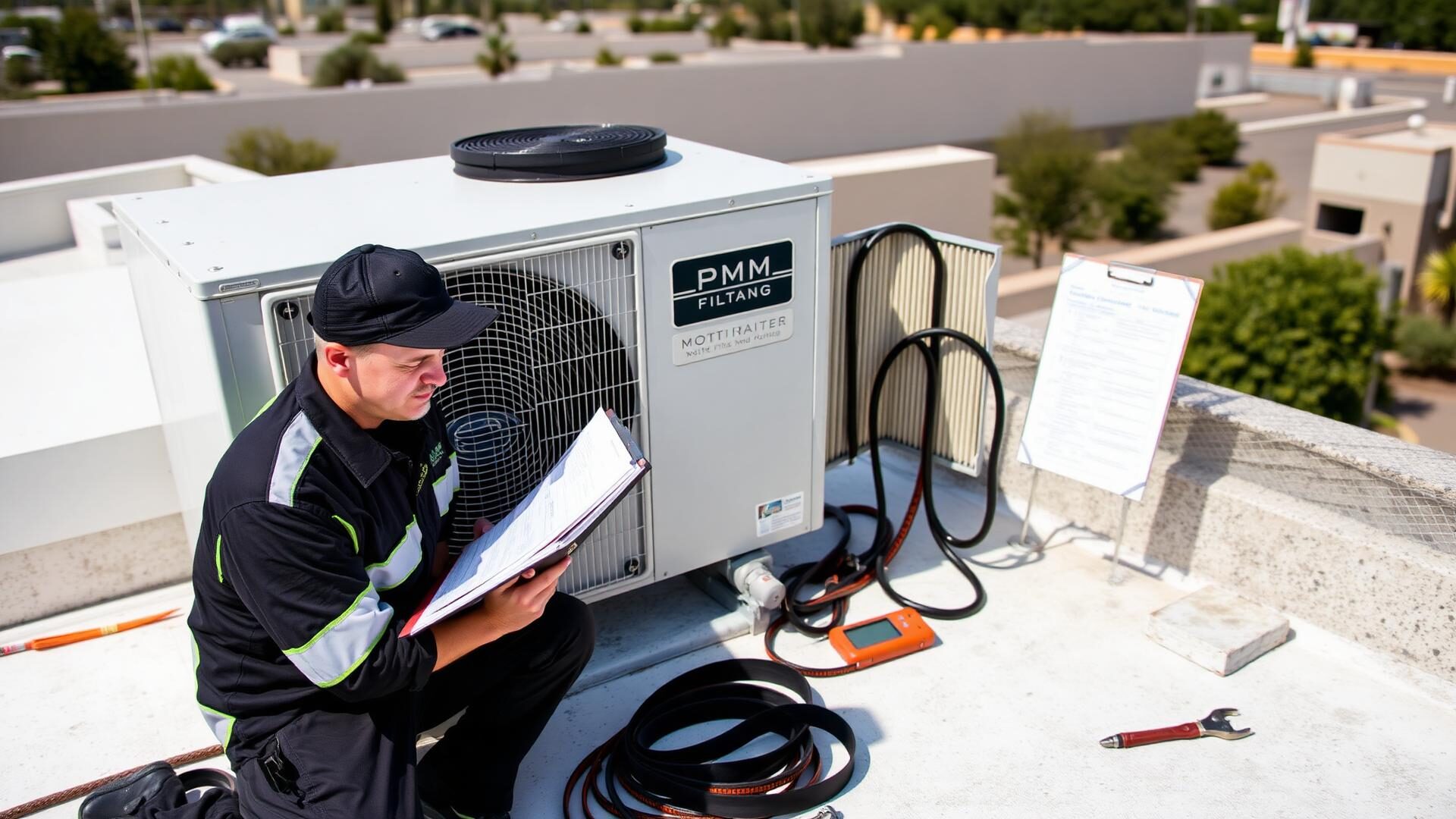 HVAC Penguin commercial technician performing scheduled preventive maintenance on a light commercial rooftop HVAC unit, replacing filters and inspecting belts on a Central Valley California commercial roof
