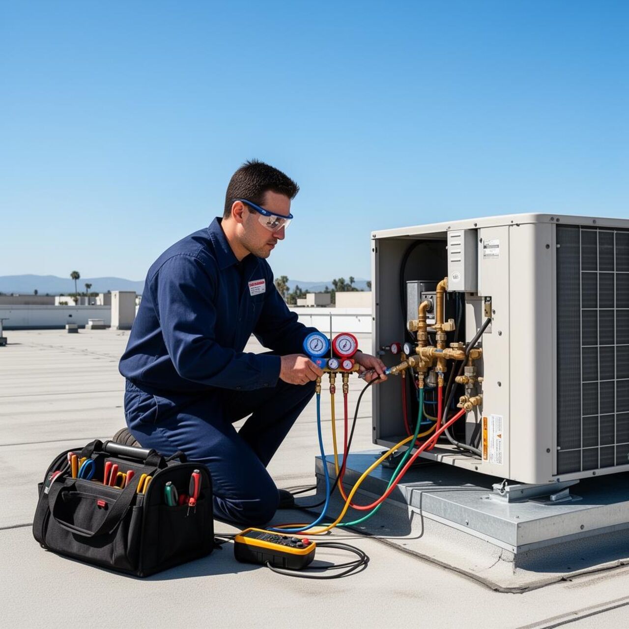 HVAC Penguin commercial technician in safety glasses kneeling beside an open rooftop HVAC unit, using refrigerant manifold gauges to diagnose a light commercial RTU in Turlock, California