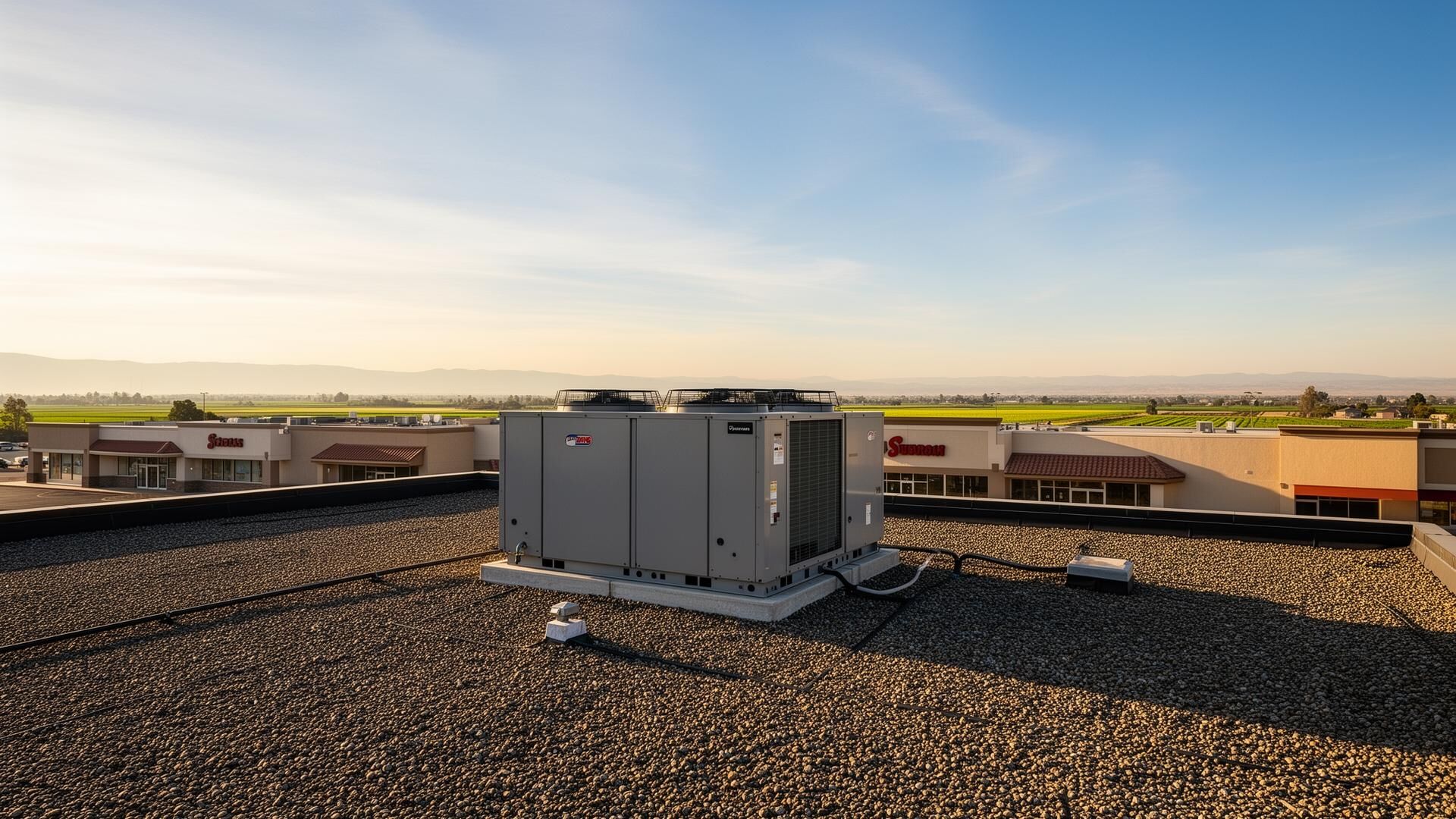 Commercial rooftop HVAC unit (RTU) installed on a Central Valley California retail building, serving as the workhorse of light commercial heating and cooling
